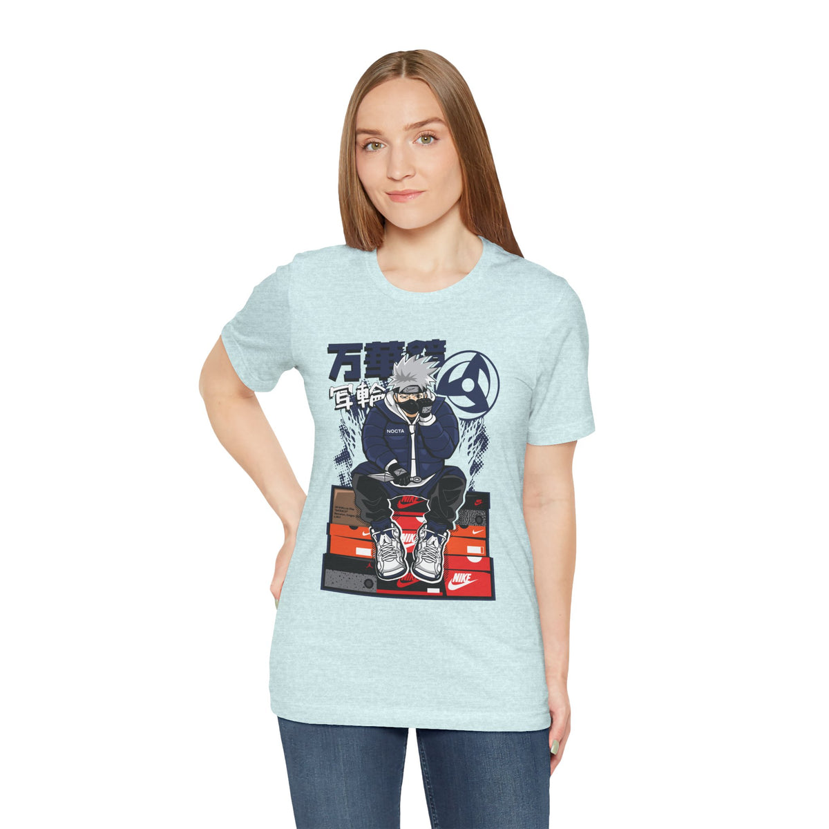 Anime Sneakerhead Tee — Sitting Character on Shoe Boxes with Japanese Text