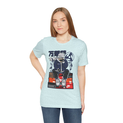 Anime Sneakerhead Tee — Sitting Character on Shoe Boxes with Japanese Text