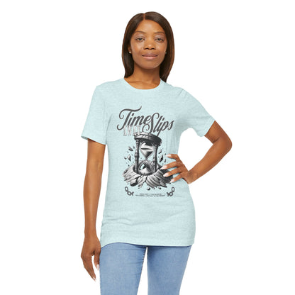 Time Slips Hourglass T‑Shirt — Vintage Black & White Graphic Tee