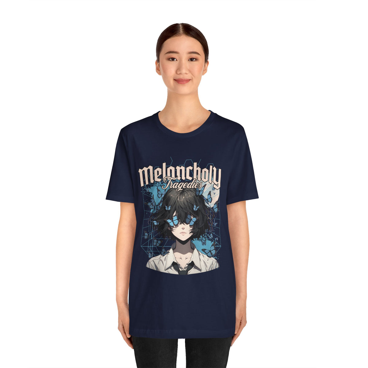 Melancholy Tragedia Anime Tee — Blue Butterflies Graphic T-Shirt