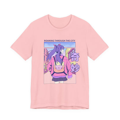 Roaming Through The City Anime Girl Tee — Vaporwave Cityscape Shirt