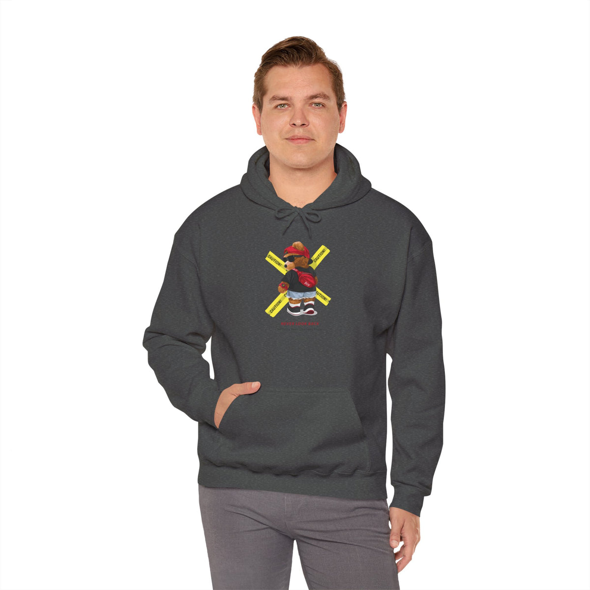 Hockey Bear Graphic Hoodie — 'Never Give Up' Cozy Skate Sweatshirt