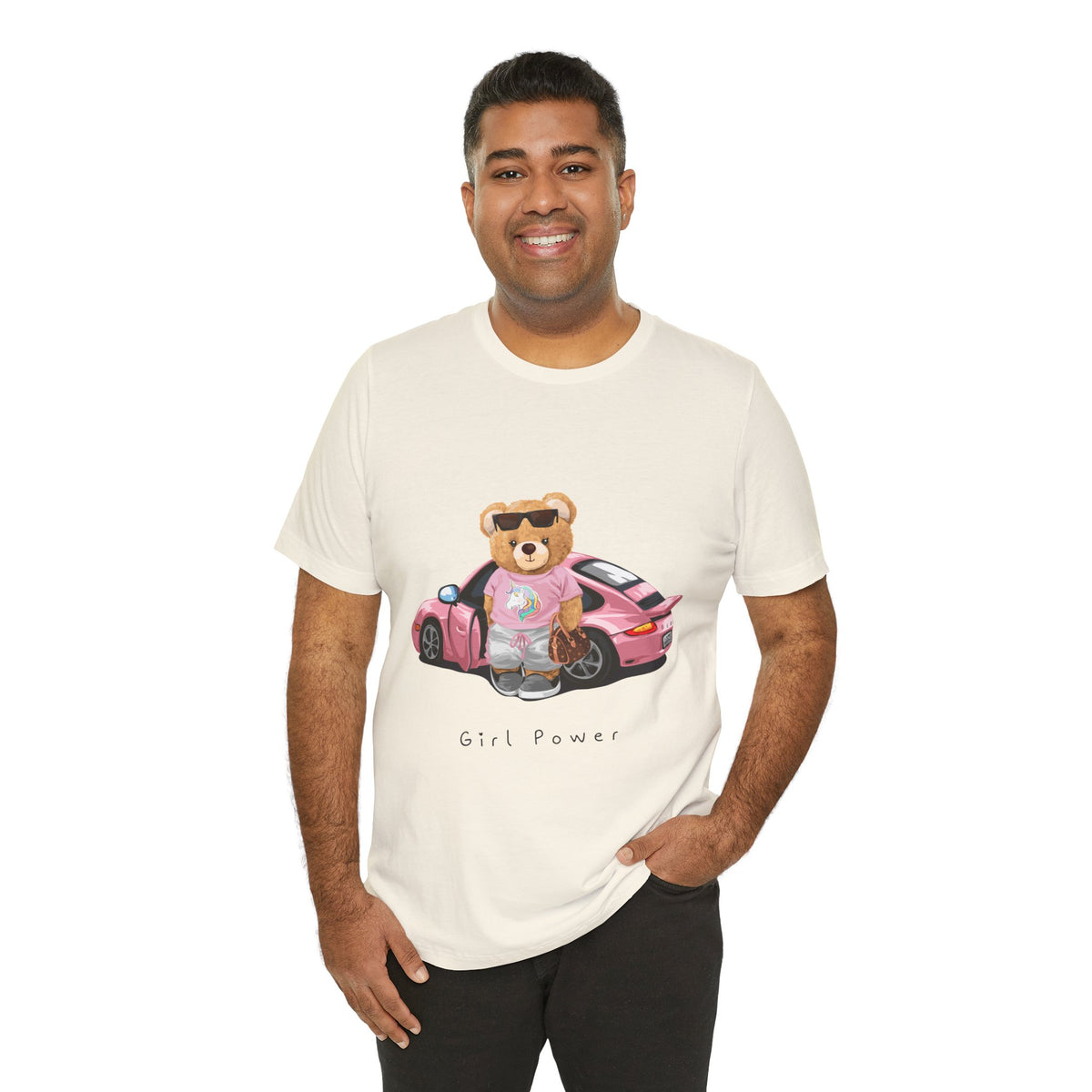 Girl Power Bear Tee — Cute Pink Car Teddy Graphic T-Shirt