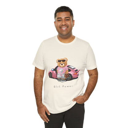 Girl Power Bear Tee — Cute Pink Car Teddy Graphic T-Shirt