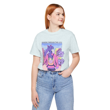 Roaming Through The City Anime Girl Tee — Vaporwave Cityscape Shirt