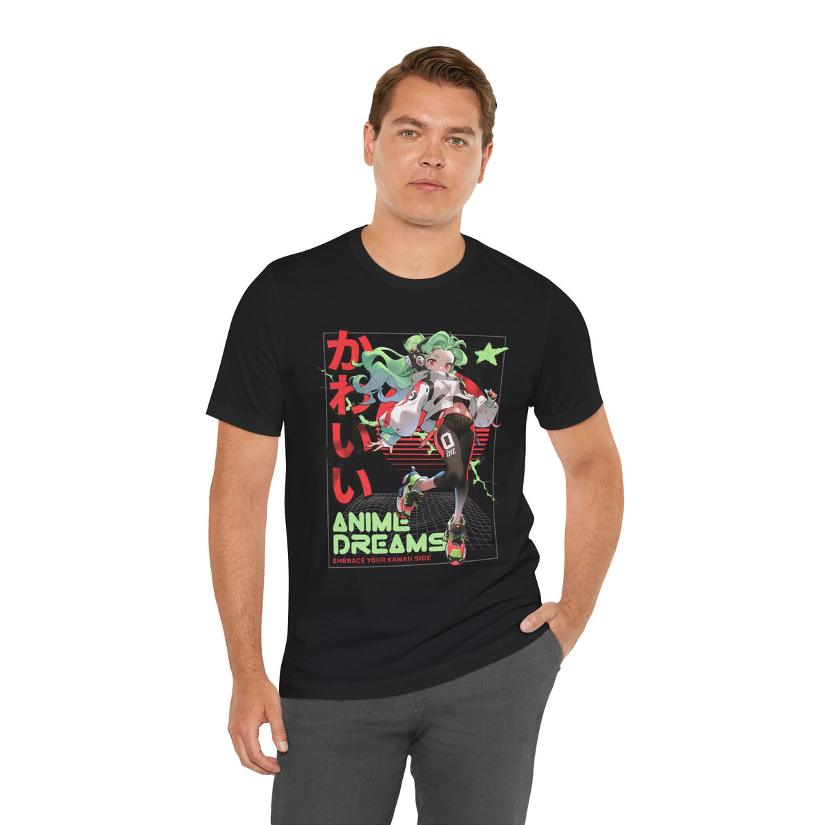 Anime Dreams Kawaii Tee — Neon Retro Anime Girl Graphic T-Shirt