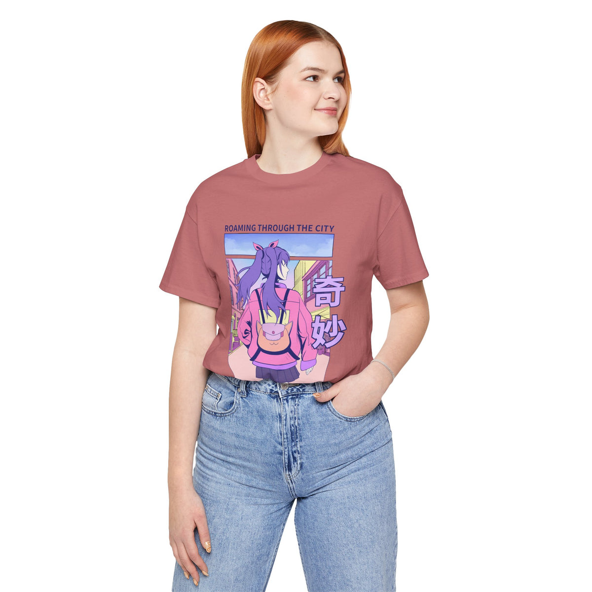 Roaming Through The City Anime Girl Tee — Vaporwave Cityscape Shirt