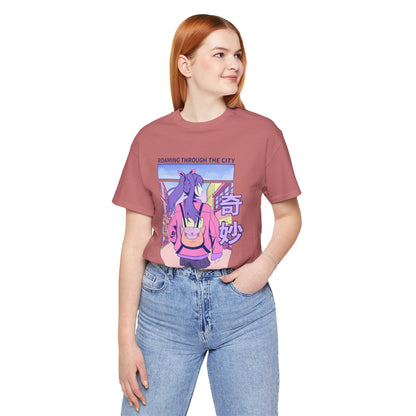 Roaming Through The City Anime Girl Tee — Vaporwave Cityscape Shirt