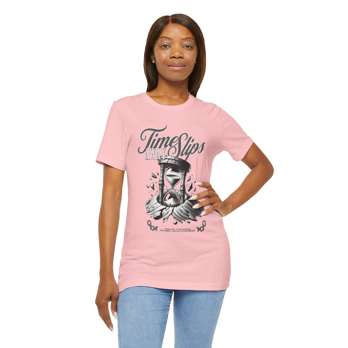 Time Slips Hourglass T‑Shirt — Vintage Black & White Graphic Tee