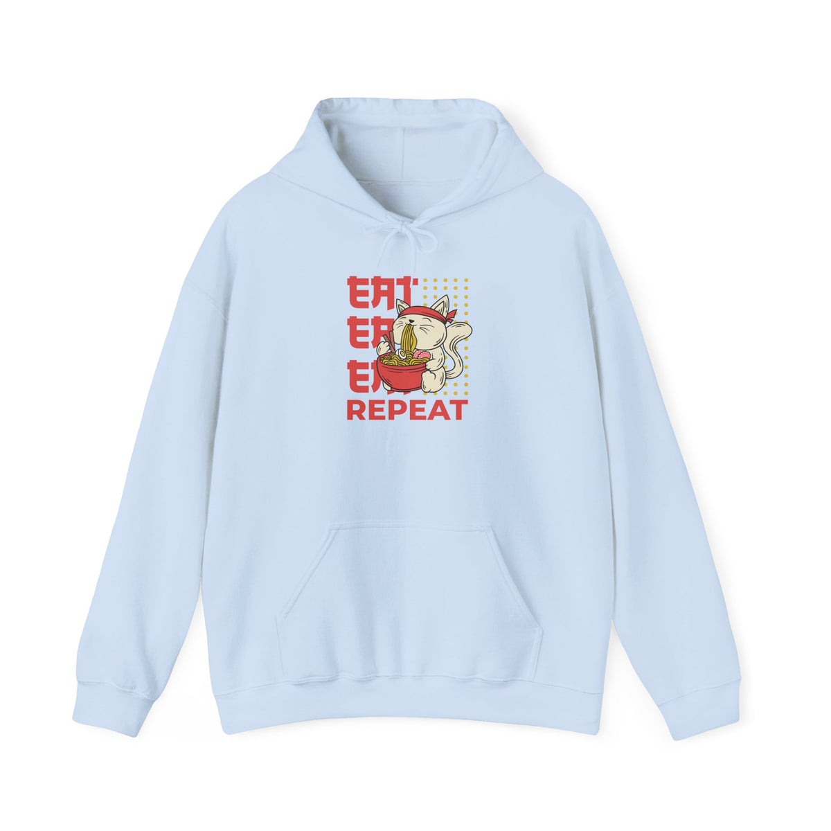 Eat Eat Eat Repeat Hoodie — Cute Cat Eating Ramen Graphic Sweatshirt
