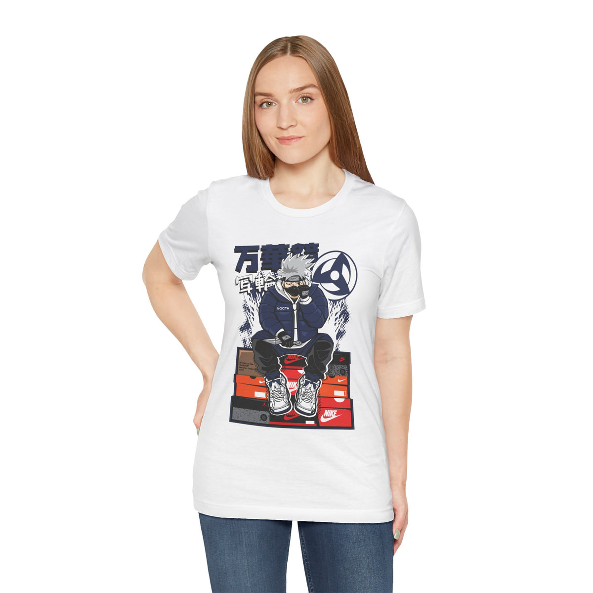 Anime Sneakerhead Tee — Sitting Character on Shoe Boxes with Japanese Text