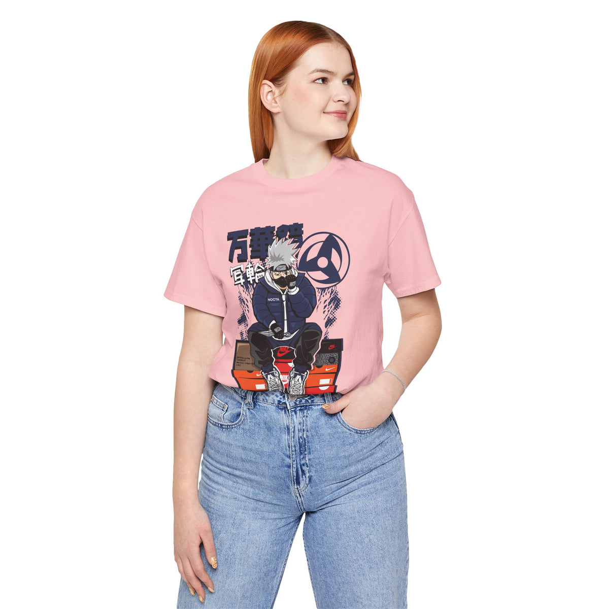 Anime Sneakerhead Tee — Sitting Character on Shoe Boxes with Japanese Text