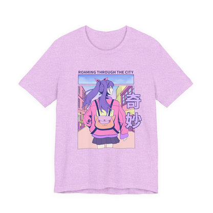 Roaming Through The City Anime Girl Tee — Vaporwave Cityscape Shirt