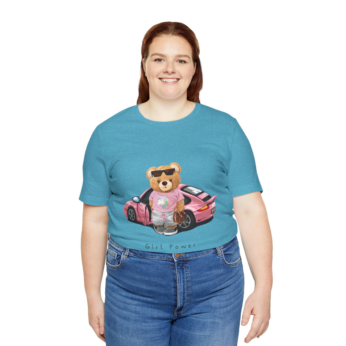 Girl Power Bear Tee — Cute Pink Car Teddy Graphic T-Shirt