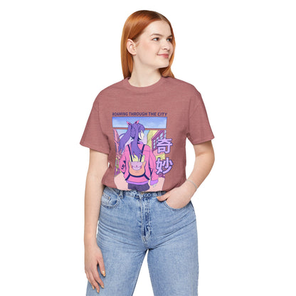 Roaming Through The City Anime Girl Tee — Vaporwave Cityscape Shirt