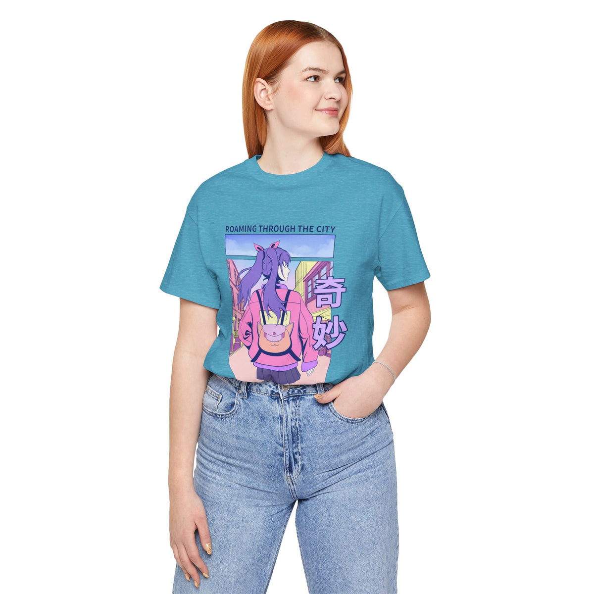 Roaming Through The City Anime Girl Tee — Vaporwave Cityscape Shirt