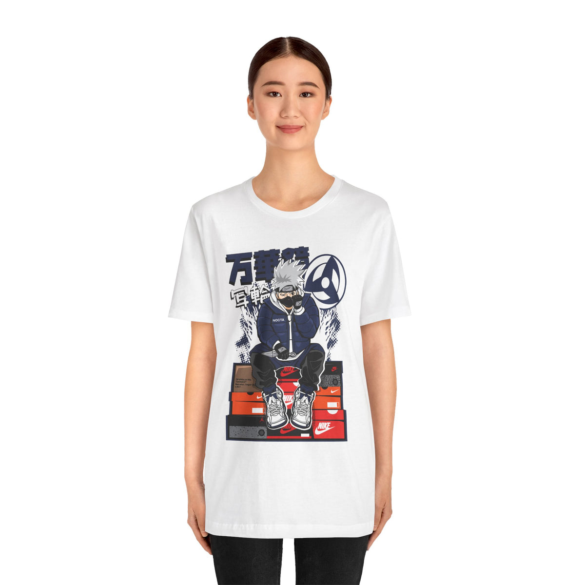 Anime Sneakerhead Tee — Sitting Character on Shoe Boxes with Japanese Text