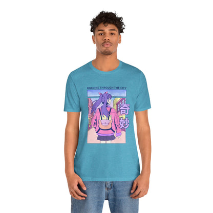 Roaming Through The City Anime Girl Tee — Vaporwave Cityscape Shirt