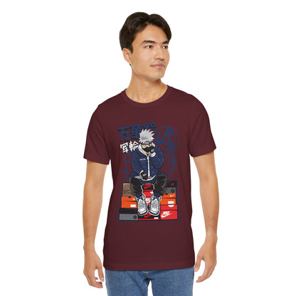 Anime Sneakerhead Tee — Sitting Character on Shoe Boxes with Japanese Text