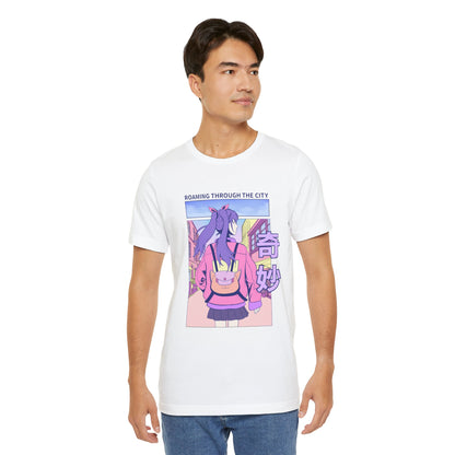 Roaming Through The City Anime Girl Tee — Vaporwave Cityscape Shirt