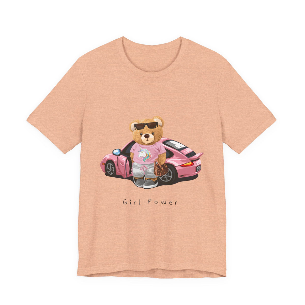 Girl Power Bear Tee — Cute Pink Car Teddy Graphic T-Shirt