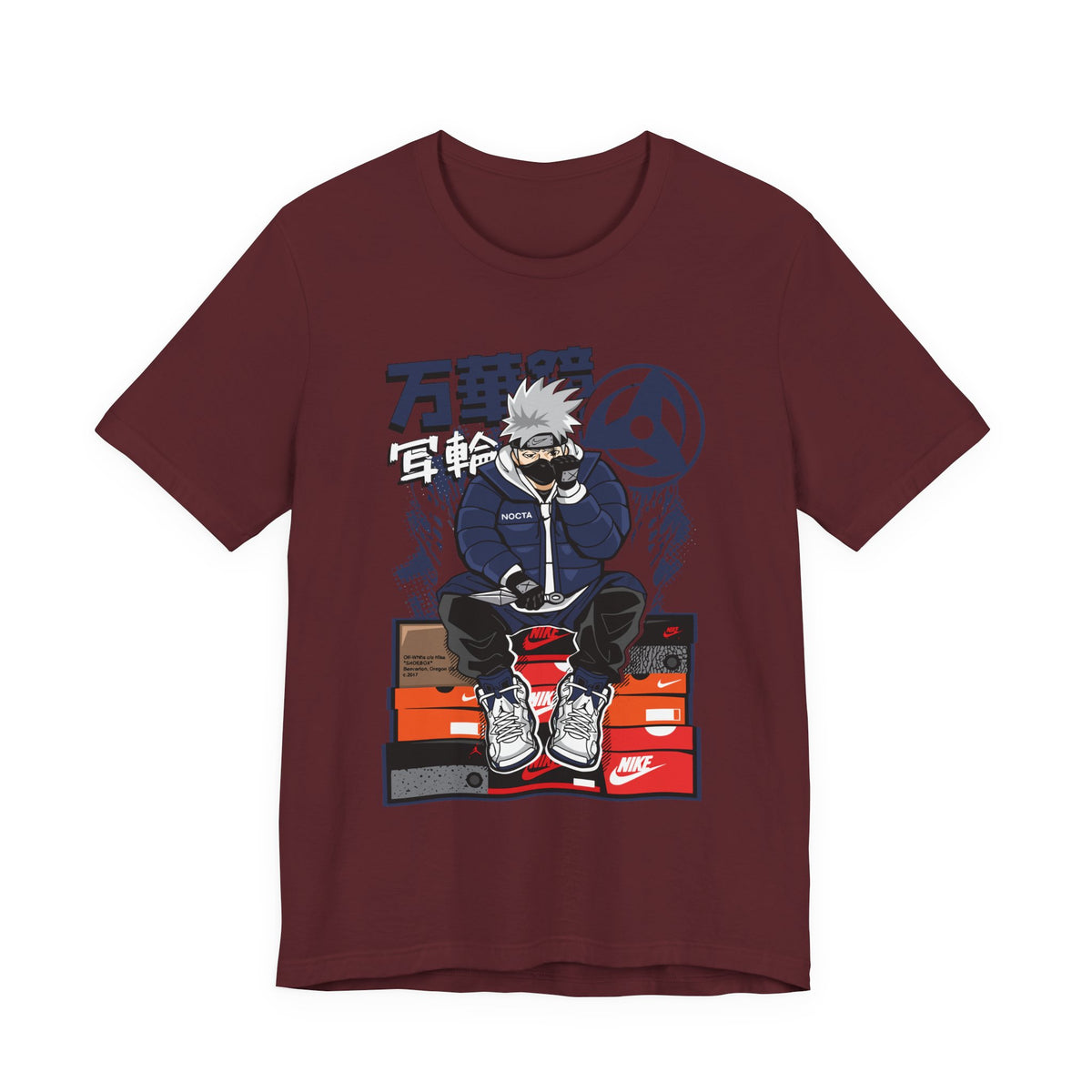 Anime Sneakerhead Tee — Sitting Character on Shoe Boxes with Japanese Text