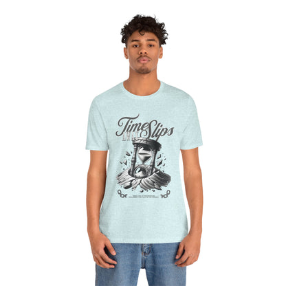 Time Slips Hourglass T‑Shirt — Vintage Black & White Graphic Tee