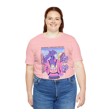 Roaming Through The City Anime Girl Tee — Vaporwave Cityscape Shirt