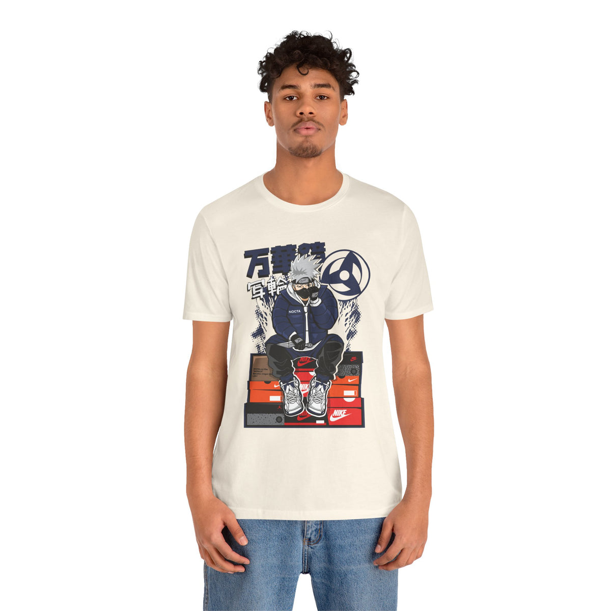 Anime Sneakerhead Tee — Sitting Character on Shoe Boxes with Japanese Text