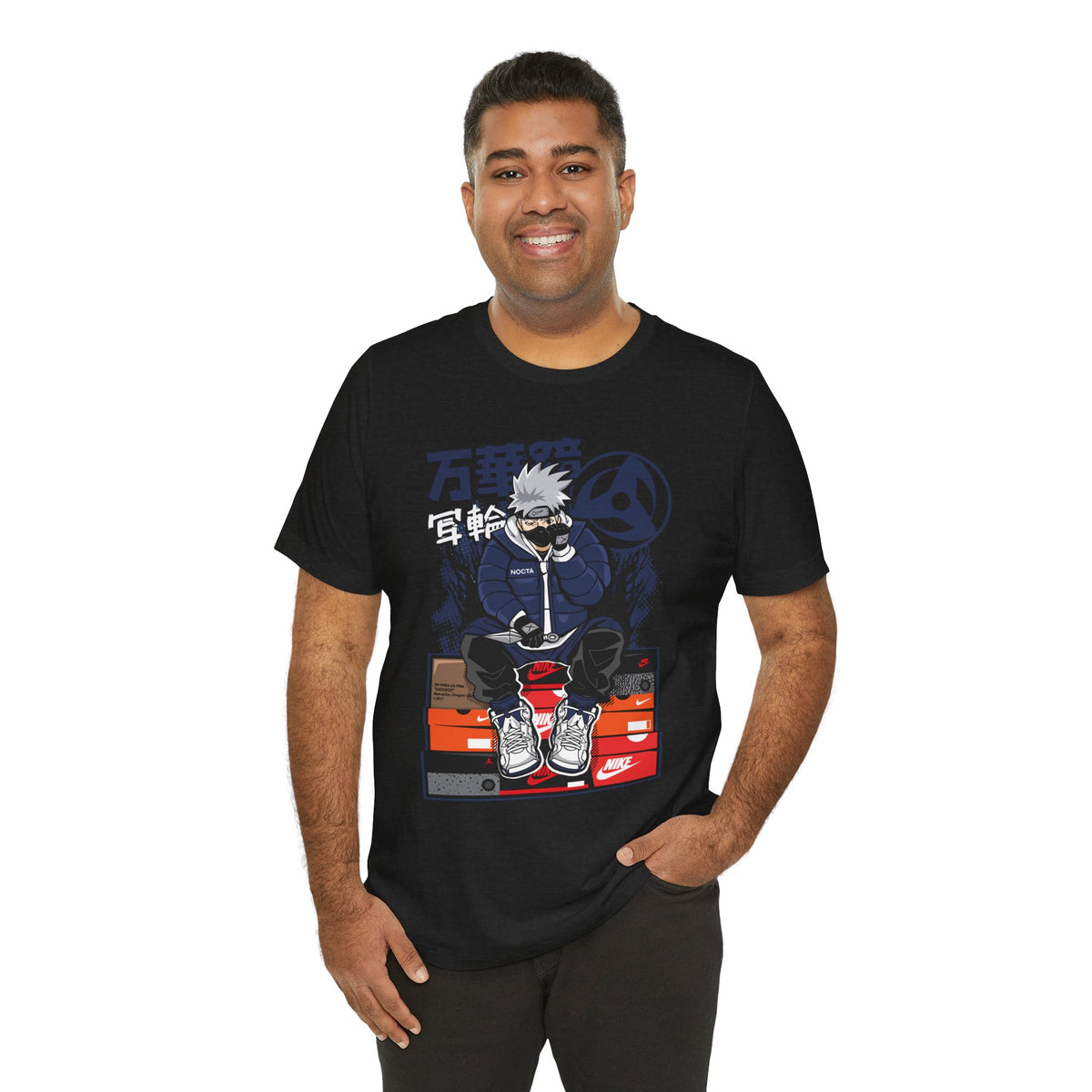 Anime Sneakerhead Tee — Sitting Character on Shoe Boxes with Japanese Text