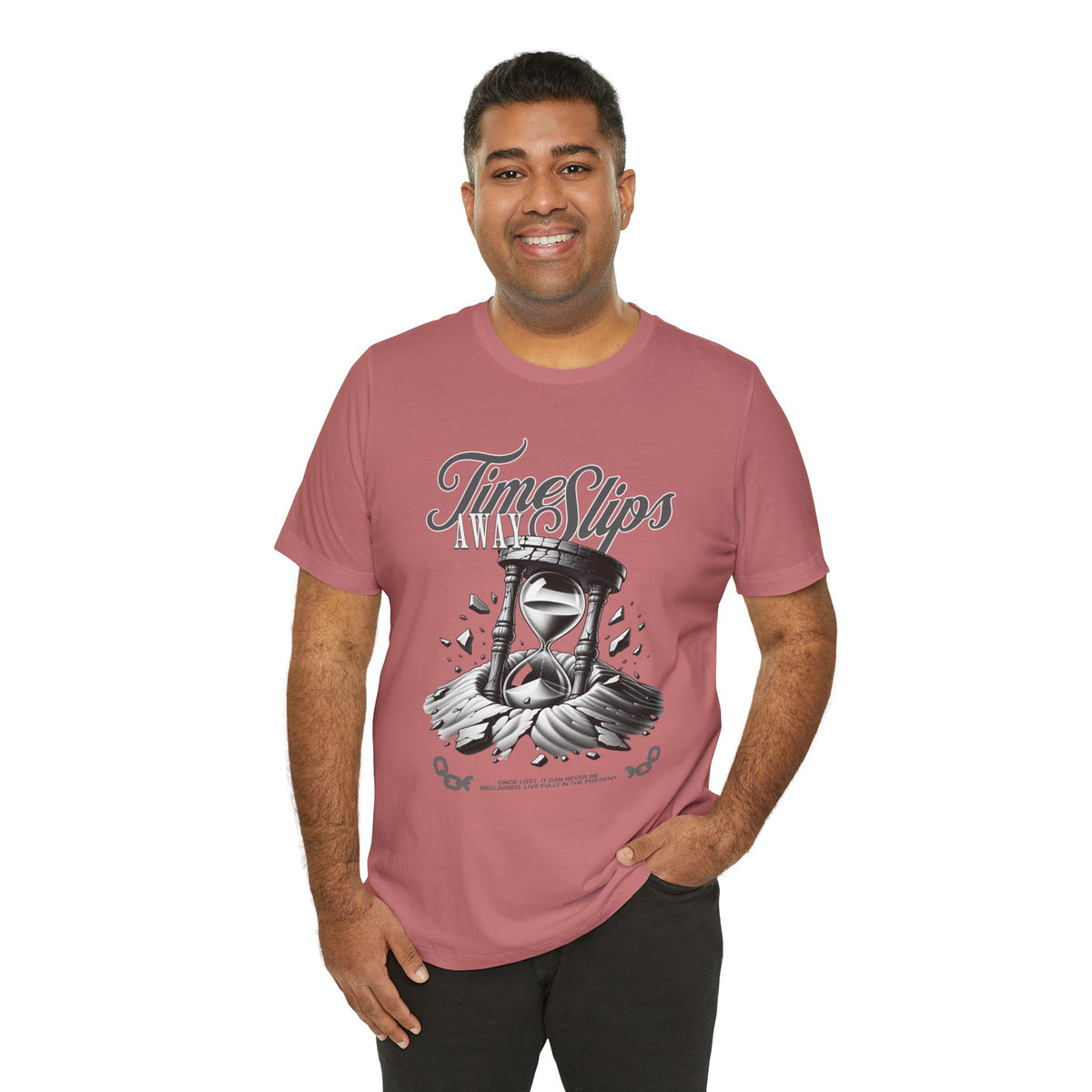 Time Slips Hourglass T‑Shirt — Vintage Black & White Graphic Tee