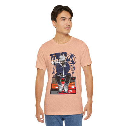 Anime Sneakerhead Tee — Sitting Character on Shoe Boxes with Japanese Text