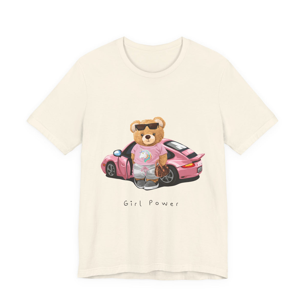 Girl Power Bear Tee — Cute Pink Car Teddy Graphic T-Shirt
