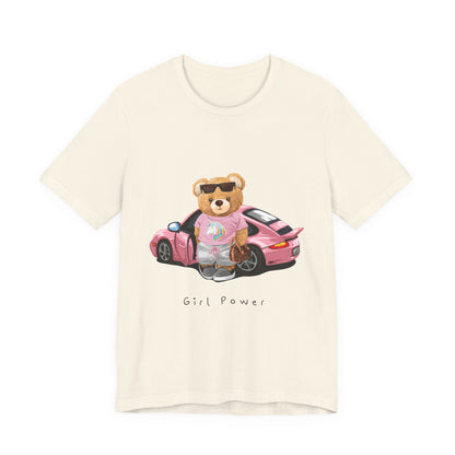 Girl Power Bear Tee — Cute Pink Car Teddy Graphic T-Shirt