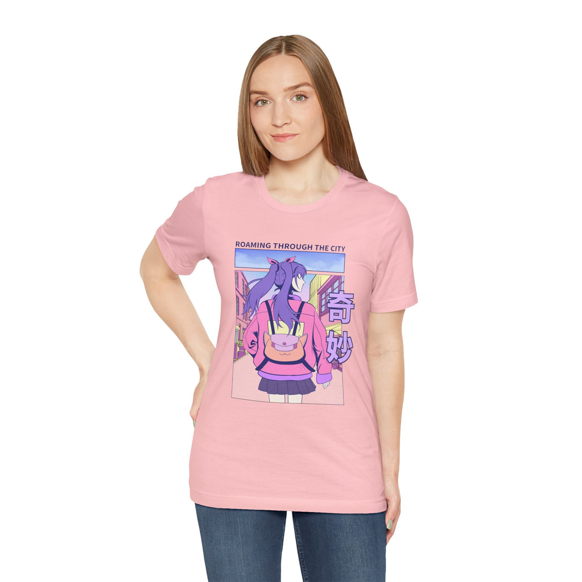 Roaming Through The City Anime Girl Tee — Vaporwave Cityscape Shirt