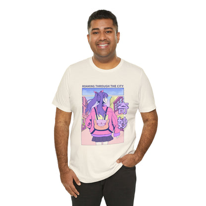 Roaming Through The City Anime Girl Tee — Vaporwave Cityscape Shirt