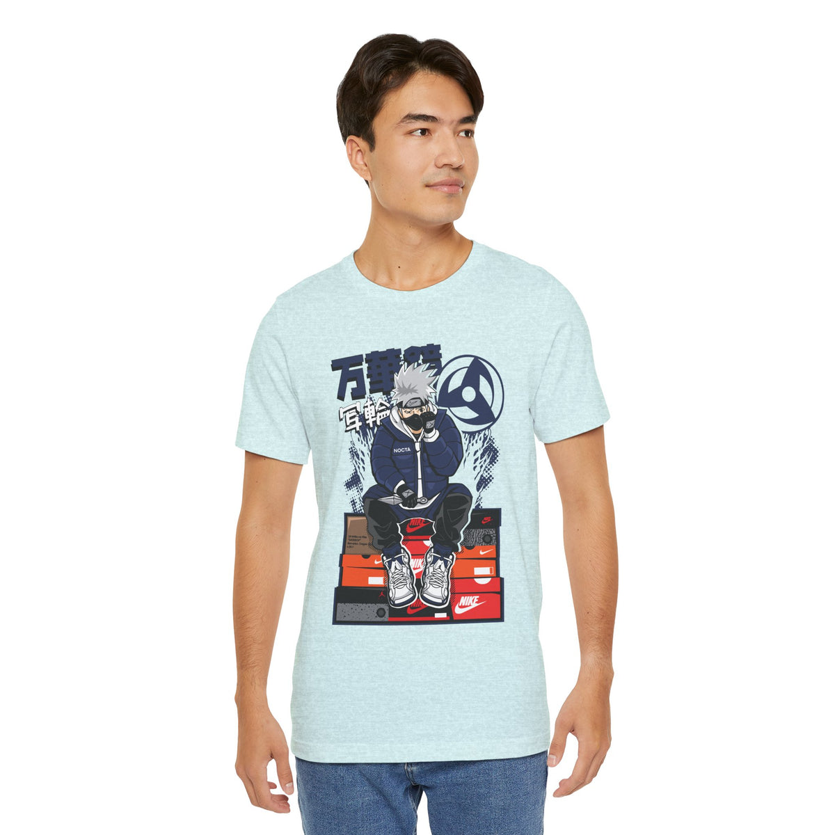Anime Sneakerhead Tee — Sitting Character on Shoe Boxes with Japanese Text