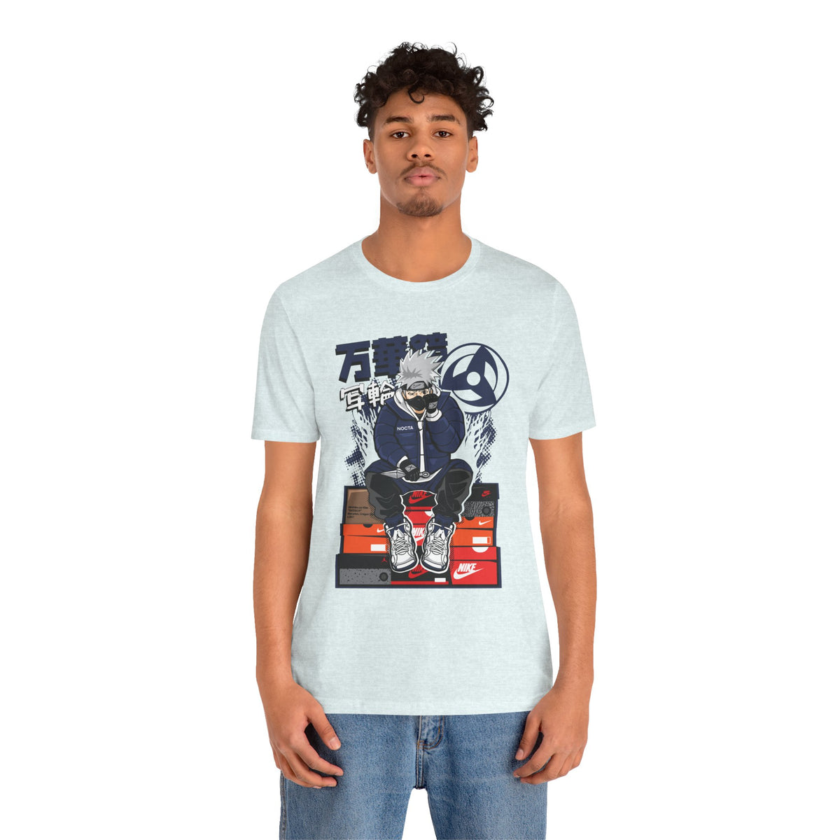 Anime Sneakerhead Tee — Sitting Character on Shoe Boxes with Japanese Text