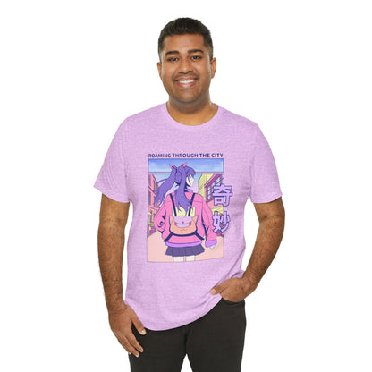 Roaming Through The City Anime Girl Tee — Vaporwave Cityscape Shirt