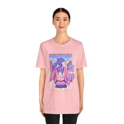 Roaming Through The City Anime Girl Tee — Vaporwave Cityscape Shirt