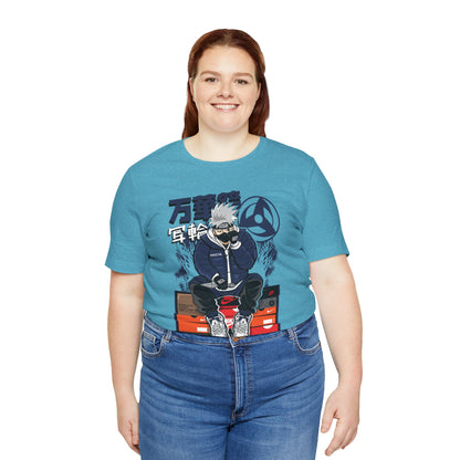 Anime Sneakerhead Tee — Sitting Character on Shoe Boxes with Japanese Text