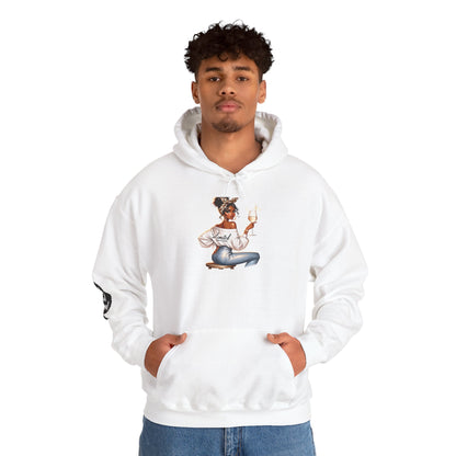 Cozy Chick Hoodie — Fashionable Woman Relaxing with Coffee Graphic Hooded Sweatshirt
