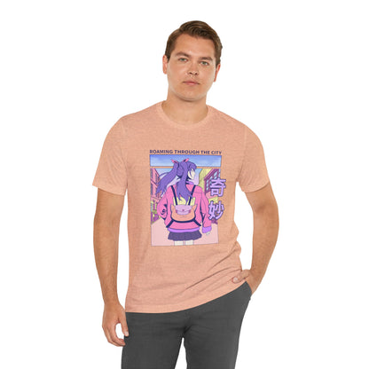Roaming Through The City Anime Girl Tee — Vaporwave Cityscape Shirt