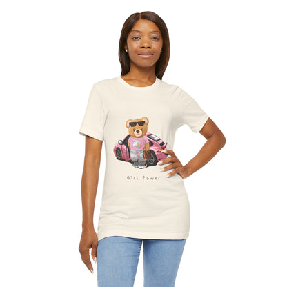 Girl Power Bear Tee — Cute Pink Car Teddy Graphic T-Shirt