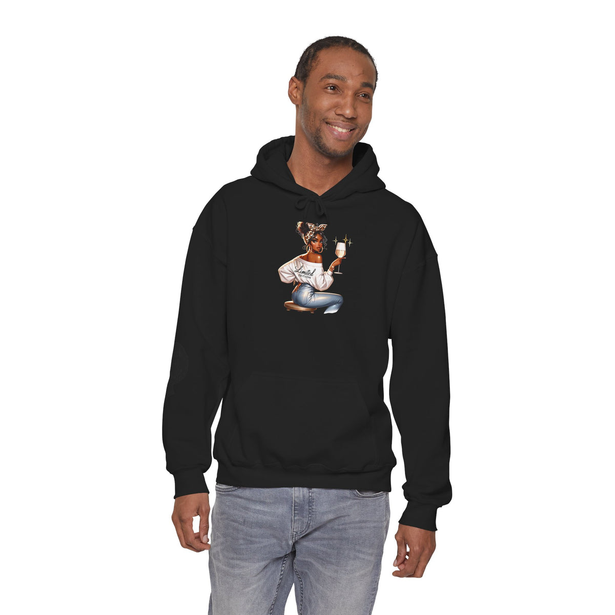 Cozy Chick Hoodie — Fashionable Woman Relaxing with Coffee Graphic Hooded Sweatshirt