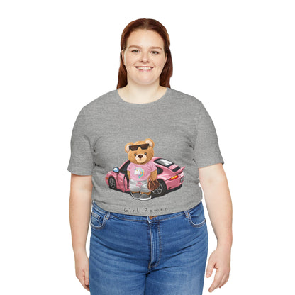 Girl Power Bear Tee — Cute Pink Car Teddy Graphic T-Shirt