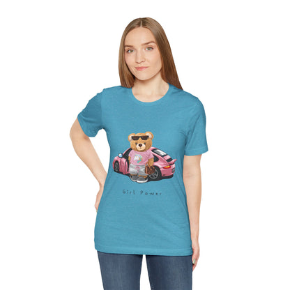 Girl Power Bear Tee — Cute Pink Car Teddy Graphic T-Shirt