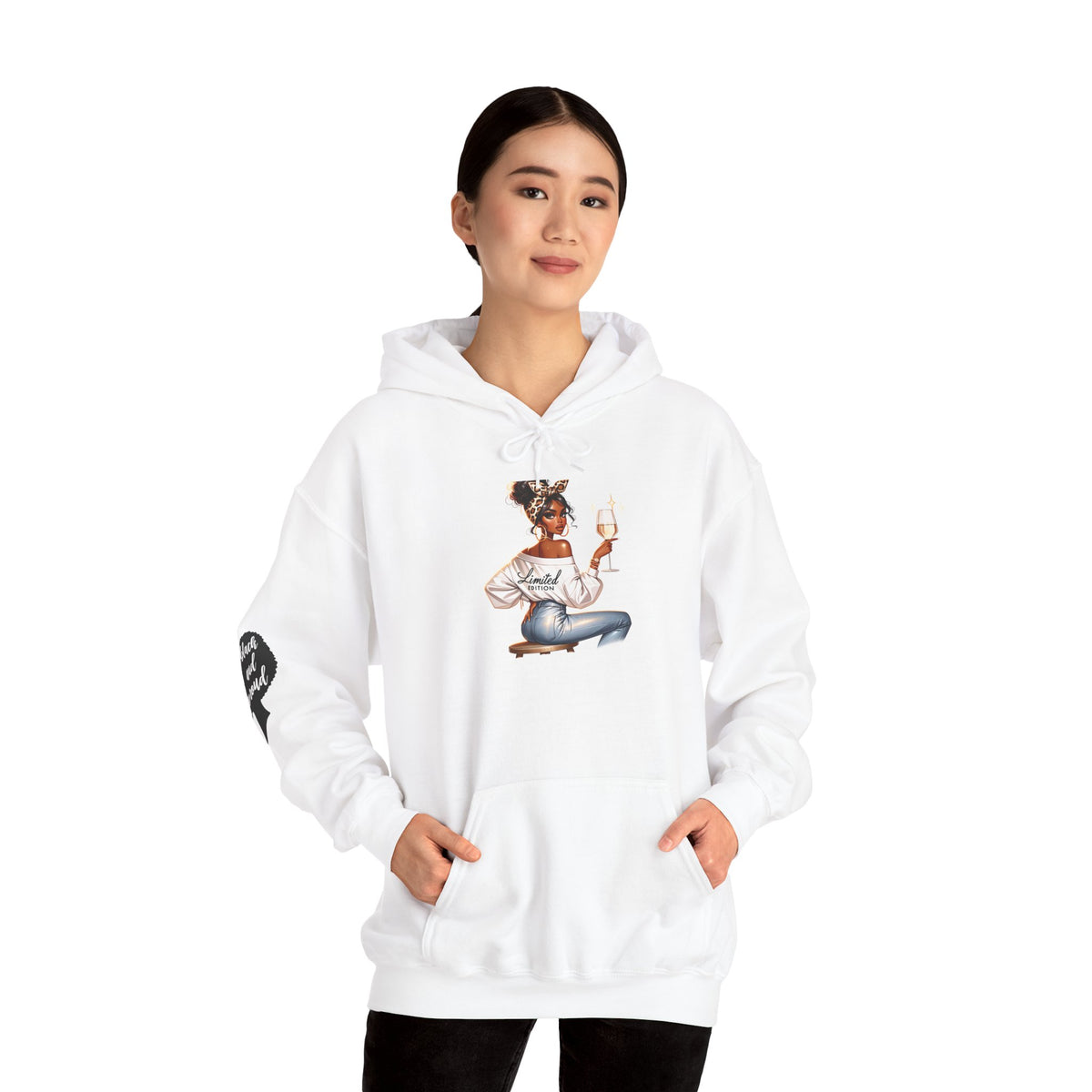 Cozy Chick Hoodie — Fashionable Woman Relaxing with Coffee Graphic Hooded Sweatshirt