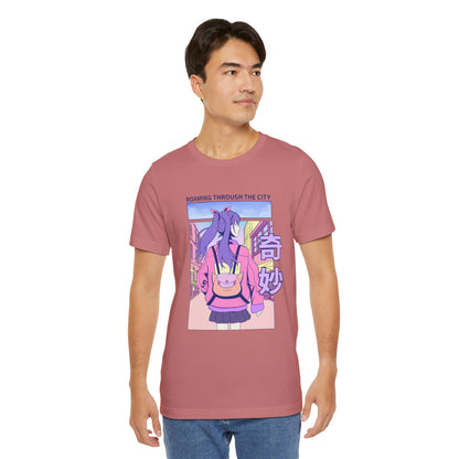 Roaming Through The City Anime Girl Tee — Vaporwave Cityscape Shirt