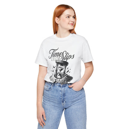 Time Slips Hourglass T‑Shirt — Vintage Black & White Graphic Tee